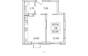 ЖК «Видный берег 2», планировка 1-комнатной квартиры, 42.00 м²