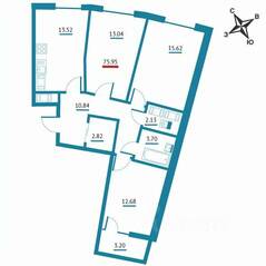 ЖК «Левитан», планировка 3-комнатной квартиры, 75.95 м²