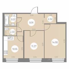 ЖК «Огни Залива», планировка 2-комнатной квартиры, 52.84 м²