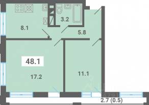 МЖК «Южная Долина», планировка 2-комнатной квартиры, 48.10 м²