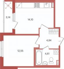 ЖК «Патио», планировка 1-комнатной квартиры, 37.67 м²