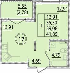 МЖК «Образцовый квартал 15», планировка 1-комнатной квартиры, 36.30 м²