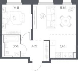 ЖК «Квартал Строгино», планировка 1-комнатной квартиры, 43.02 м²