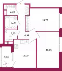 ЖК «Дом на Курской», планировка 2-комнатной квартиры, 57.14 м²