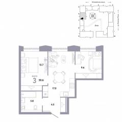 ЖК «Страна.Заречная», планировка 3-комнатной квартиры, 50.60 м²