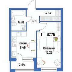 ЖК «Урбанист», планировка 1-комнатной квартиры, 37.75 м²