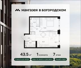 ЖК «Мангазея в Богородском», планировка 1-комнатной квартиры, 43.50 м²