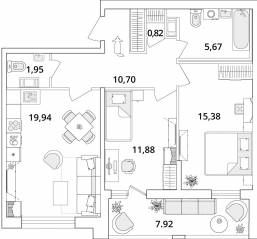ЖК «Cube», планировка 2-комнатной квартиры, 70.70 м²