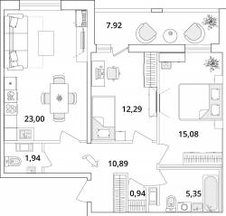 ЖК «Cube», планировка 2-комнатной квартиры, 73.60 м²