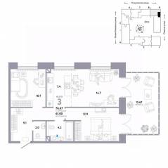 ЖК «Страна.Озерная», планировка 3-комнатной квартиры, 76.67 м²