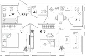 ЖК «Гранат», планировка 2-комнатной квартиры, 50.46 м²