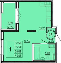 МЖК «Образцовый квартал 16», планировка 1-комнатной квартиры, 35.54 м²