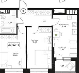 ЖК «Пушкино Град», планировка 3-комнатной квартиры, 53.16 м²