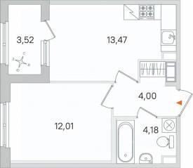 МЖК «Дубровский», планировка 1-комнатной квартиры, 35.42 м²