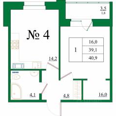 ЖК «Орловский бульвар», планировка 1-комнатной квартиры, 40.90 м²