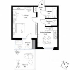 МЖК «Экография», планировка 1-комнатной квартиры, 41.80 м²