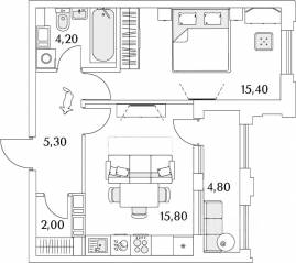 ЖК «Тайм Сквер», планировка 1-комнатной квартиры, 45.50 м²