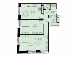 ЖК «7 небо», планировка 2-комнатной квартиры, 63.40 м²