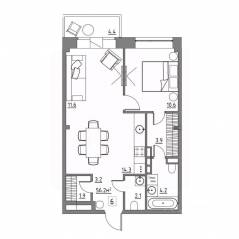 Апарт-комплекс «Residence 15», планировка 2-комнатной квартиры, 56.20 м²