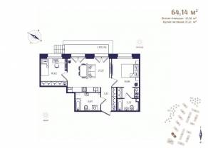 ЖК «Ranta Residence», планировка 2-комнатной квартиры, 64.14 м²