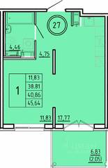 МЖК «Образцовый квартал 16», планировка 1-комнатной квартиры, 38.81 м²