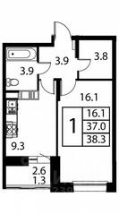 ЖК «Космос», планировка 1-комнатной квартиры, 38.30 м²