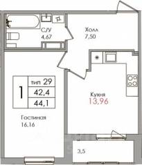 ЖК «Верхний», планировка 1-комнатной квартиры, 42.40 м²