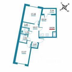 ЖК «Левитан», планировка 2-комнатной квартиры, 64.84 м²