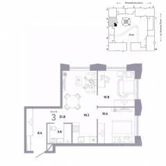 ЖК «Страна.Заречная», планировка 3-комнатной квартиры, 51.80 м²