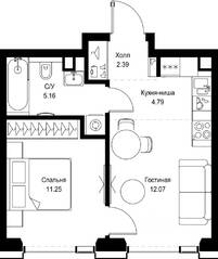 ЖК «SET», планировка 1-комнатной квартиры, 35.66 м²