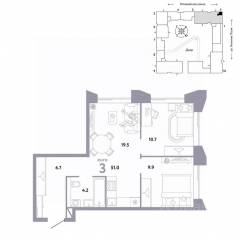 ЖК «Страна.Заречная», планировка 3-комнатной квартиры, 51.00 м²