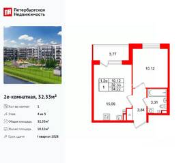 ЖК «Парадный ансамбль», планировка 1-комнатной квартиры, 32.33 м²