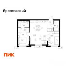 ЖК «Ярославский», планировка 2-комнатной квартиры, 59.80 м²