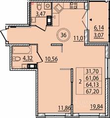 МЖК «Образцовый квартал 15», планировка 2-комнатной квартиры, 61.06 м²
