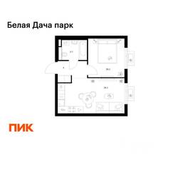 ЖК «Белая Дача парк», планировка 1-комнатной квартиры, 34.40 м²