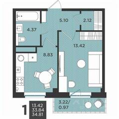 МЖК «Новокасимово», планировка 1-комнатной квартиры, 34.81 м²
