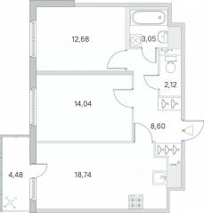 ЖК «Ясно. Янино», планировка 2-комнатной квартиры, 60.57 м²