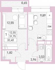 ЖК «Столичный», планировка 1-комнатной квартиры, 32.20 м²