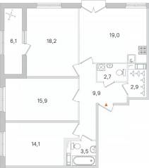 МЖК «Дубровский», планировка 3-комнатной квартиры, 89.25 м²