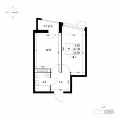 ЖК «Легенда Коренево», планировка 1-комнатной квартиры, 37.10 м²
