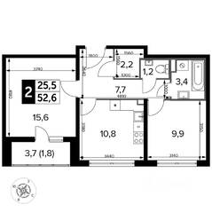 ЖК «Южная Битца», планировка 2-комнатной квартиры, 53.30 м²
