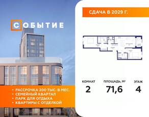 ЖК «Событие», планировка 2-комнатной квартиры, 71.60 м²