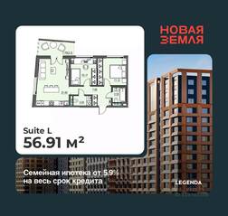 ЖК «Новая земля», планировка 2-комнатной квартиры, 56.91 м²