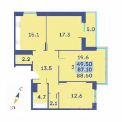ЖК «Эдельвейс» (ЦентрСтрой), планировка 3-комнатной квартиры, 88.60 м²