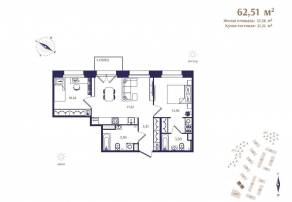 ЖК «Ranta Residence», планировка 2-комнатной квартиры, 62.51 м²