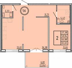 МЖК «Образцовый квартал 16», планировка 2-комнатной квартиры, 58.84 м²