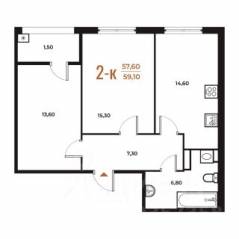 ЖК «Новое Летово», планировка 2-комнатной квартиры, 59.10 м²