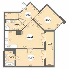 ЖК «Огни Залива», планировка 2-комнатной квартиры, 74.53 м²