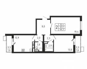 ЖК «Пироговская Ривьера», планировка 2-комнатной квартиры, 66.30 м²