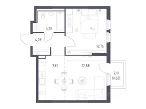 ЖК «Пригород Лесное», планировка 1-комнатной квартиры, 42.96 м²